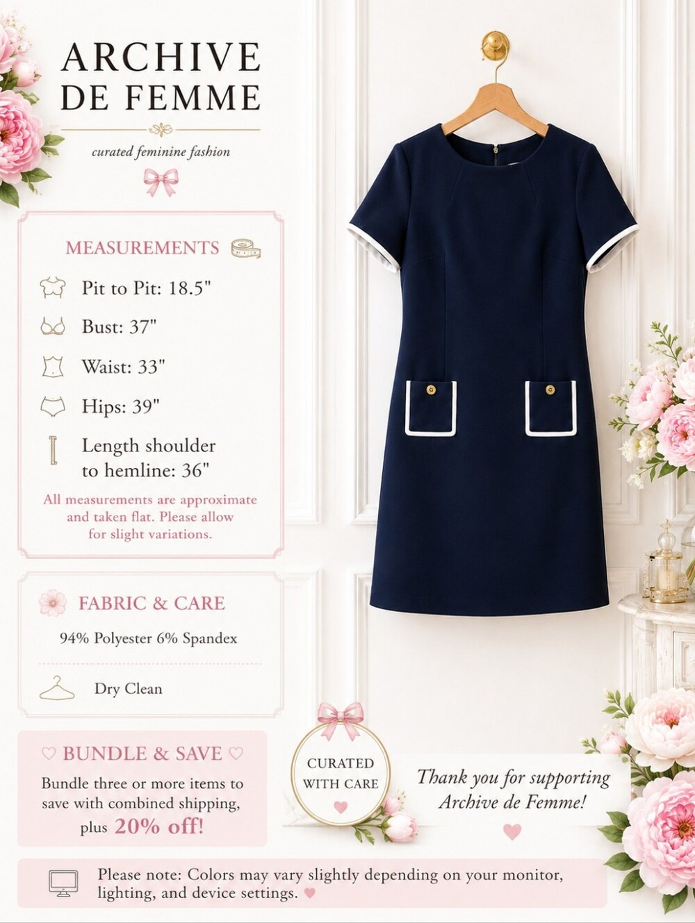 Tommy Hilfiger Navy Shift Dress | Size 8 White Trim Gold Button Pockets - Picture 8 of 11